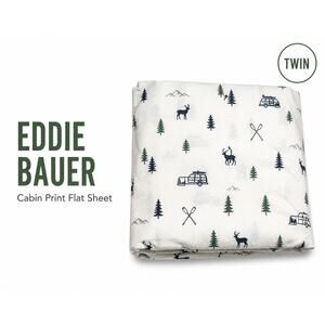 Eddie Bauer Flat Sheet Twin Winter Cabin Deer Camping Print White